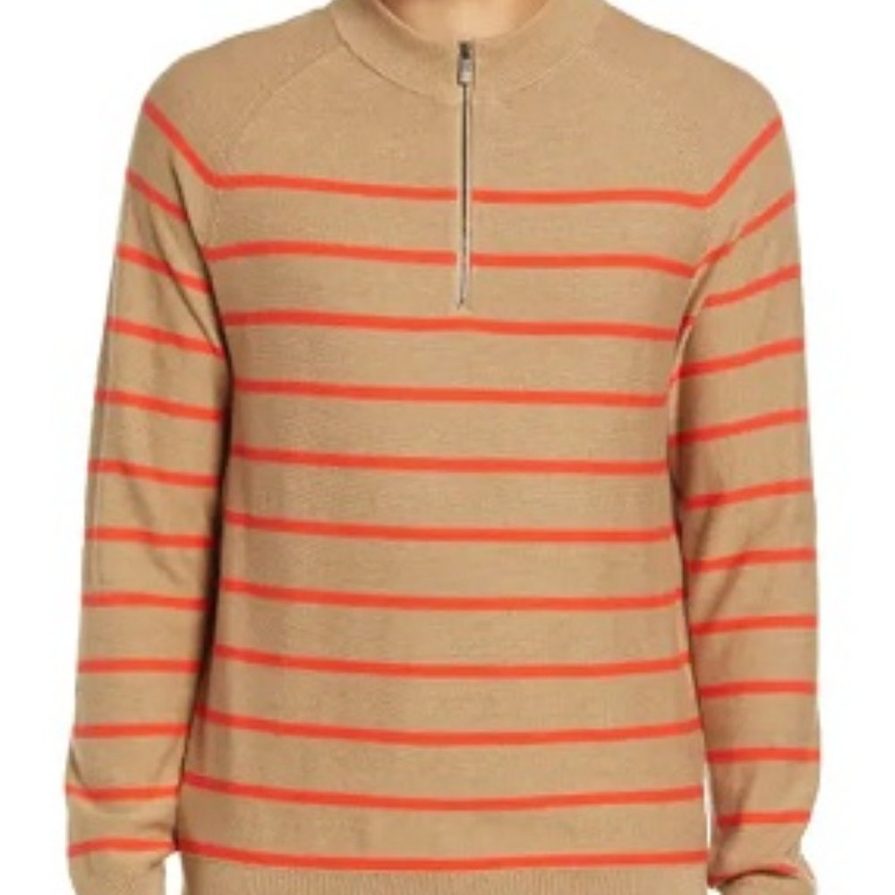 NWOT Open Edit Tan & Orange Stripped 1/4 Zip Crew Neck Pullover Sweater Sz L
